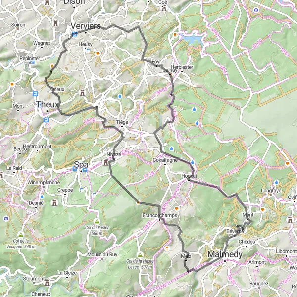 Map miniature of "Bévercé Road Cycling Route" cycling inspiration in Prov. Liège, Belgium. Generated by Tarmacs.app cycling route planner