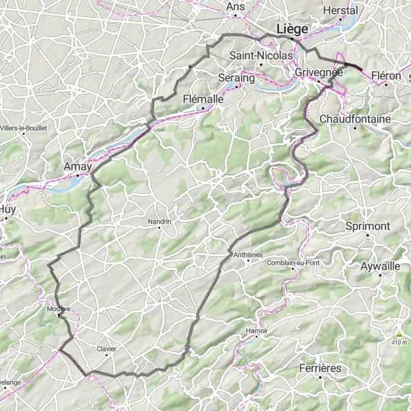 Miniature de la carte de l'inspiration cycliste "Les Châteaux de la Meuse" dans la Prov. Liège, Belgium. Générée par le planificateur d'itinéraire cycliste Tarmacs.app