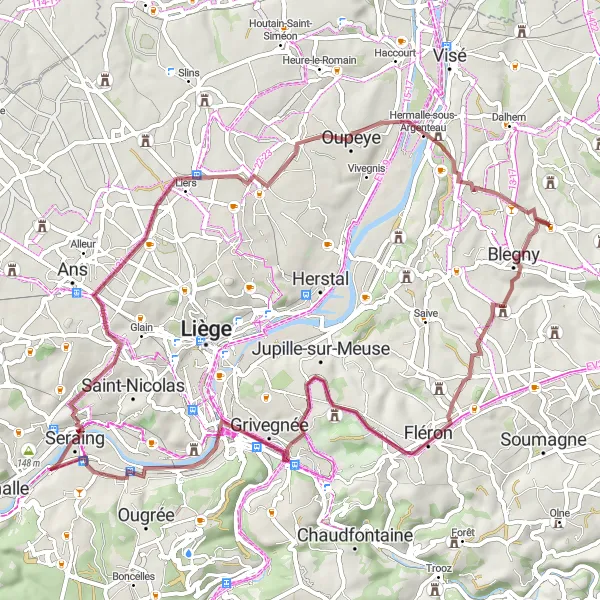 Map miniature of "Gravel Exploration in Blégny" cycling inspiration in Prov. Liège, Belgium. Generated by Tarmacs.app cycling route planner