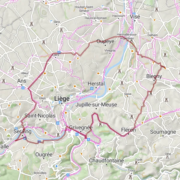 Miniatuurkaart van de fietsinspiratie "Retinne - Seraing - Oupeye - Blegny-Mine" in Prov. Liège, Belgium. Gemaakt door de Tarmacs.app fietsrouteplanner