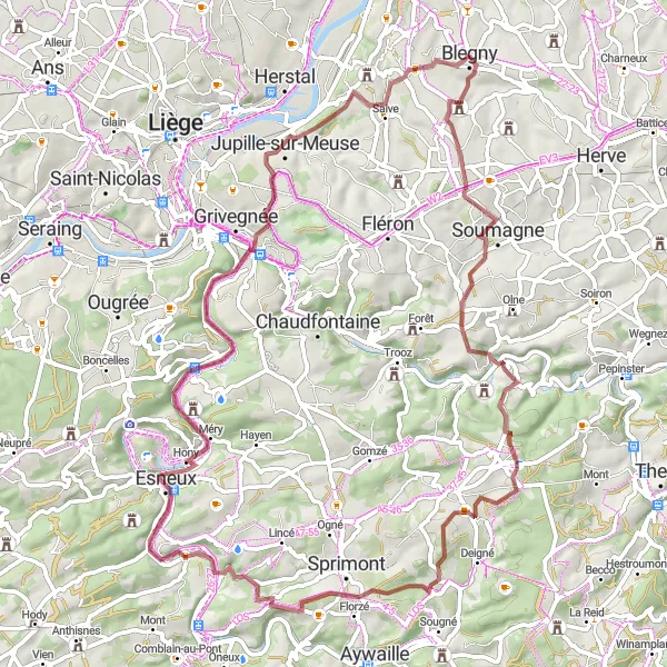 Map miniature of "Beautify Blégny on Gravel" cycling inspiration in Prov. Liège, Belgium. Generated by Tarmacs.app cycling route planner