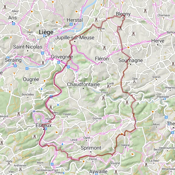 Miniatuurkaart van de fietsinspiratie "Avontuur door de natuur en het platteland" in Prov. Liège, Belgium. Gemaakt door de Tarmacs.app fietsrouteplanner