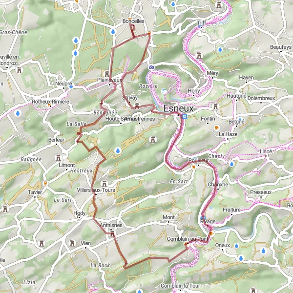 Miniature de la carte de l'inspiration cycliste "Les collines et châteaux de la région de Liège" dans la Prov. Liège, Belgium. Générée par le planificateur d'itinéraire cycliste Tarmacs.app