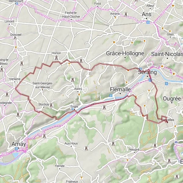 Miniatuurkaart van de fietsinspiratie "Gravelroute van Boncelles naar Château Courtjoie en terug" in Prov. Liège, Belgium. Gemaakt door de Tarmacs.app fietsrouteplanner