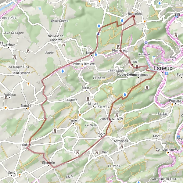 Miniatuurkaart van de fietsinspiratie "Boncelles en Villers-aux-Tours Gravelroute" in Prov. Liège, Belgium. Gemaakt door de Tarmacs.app fietsrouteplanner
