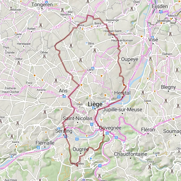 Miniature de la carte de l'inspiration cycliste "Exploration des Châteaux et Terrils" dans la Prov. Liège, Belgium. Générée par le planificateur d'itinéraire cycliste Tarmacs.app
