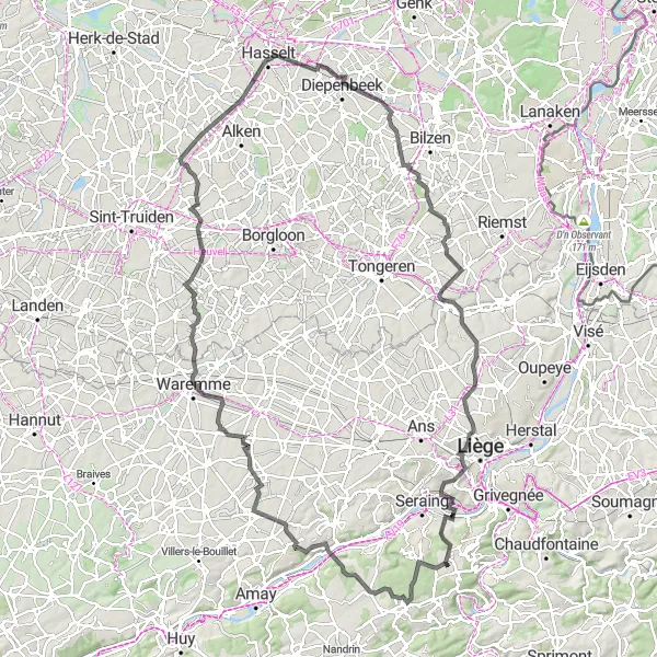 Miniature de la carte de l'inspiration cycliste "Parcours des Châteaux et Paysages" dans la Prov. Liège, Belgium. Générée par le planificateur d'itinéraire cycliste Tarmacs.app