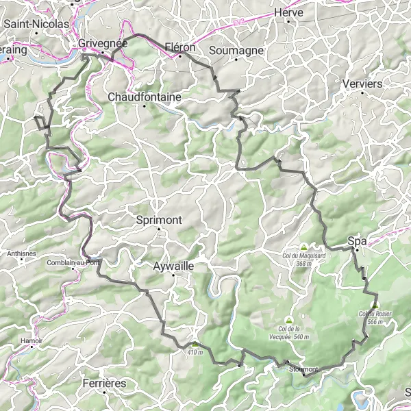 Miniature de la carte de l'inspiration cycliste "Les montagnes et châteaux de l'Ardenne" dans la Prov. Liège, Belgium. Générée par le planificateur d'itinéraire cycliste Tarmacs.app