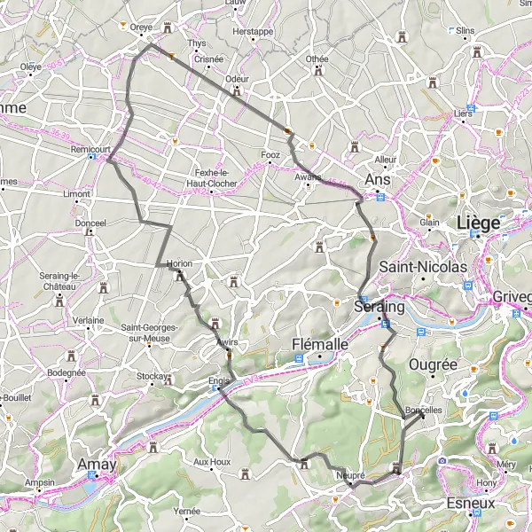 Map miniature of "Neupré - Awirs - Lens-sur-Geer - Grâce-Berleur Route" cycling inspiration in Prov. Liège, Belgium. Generated by Tarmacs.app cycling route planner