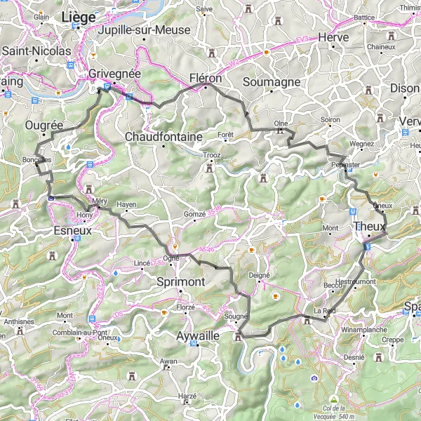 Miniature de la carte de l'inspiration cycliste "Les vallées et châteaux de Liège" dans la Prov. Liège, Belgium. Générée par le planificateur d'itinéraire cycliste Tarmacs.app