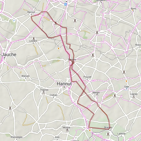 Karten-Miniaturansicht der Radinspiration "Gravelrundweg von Braives nach Bertrée" in Prov. Liège, Belgium. Erstellt vom Tarmacs.app-Routenplaner für Radtouren