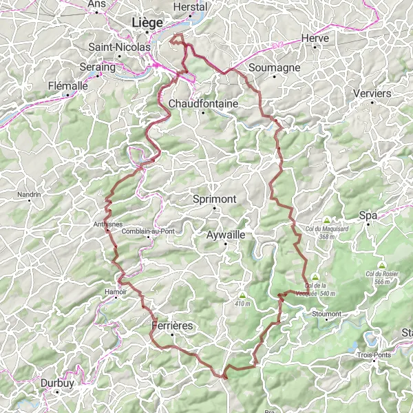 Map miniature of "Scenic Adventure: Nessonvaux and Château de l'Avouerie" cycling inspiration in Prov. Liège, Belgium. Generated by Tarmacs.app cycling route planner