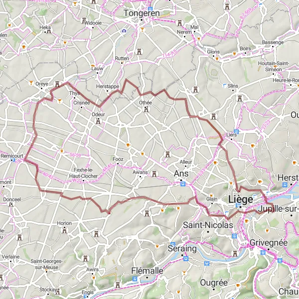 Miniatuurkaart van de fietsinspiratie "Gravelroute rond Bressoux" in Prov. Liège, Belgium. Gemaakt door de Tarmacs.app fietsrouteplanner