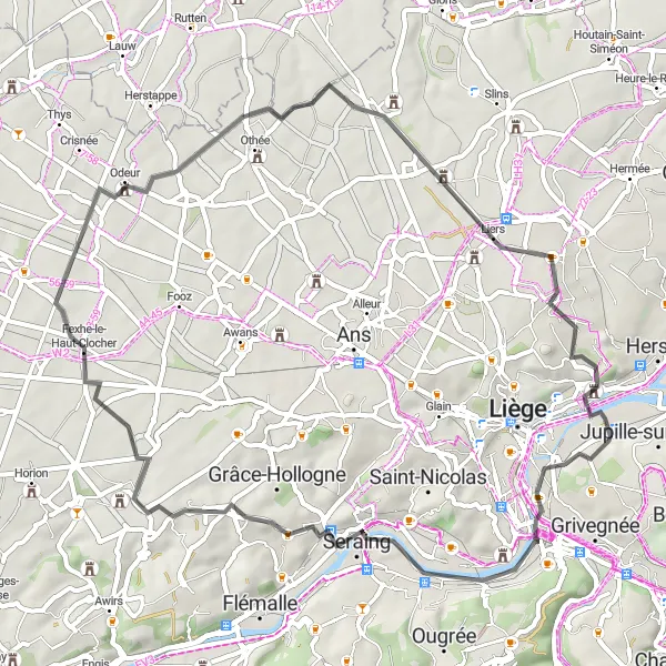 Map miniature of "Picturesque Ride: Château Cockerill and Terril du Bernalmont" cycling inspiration in Prov. Liège, Belgium. Generated by Tarmacs.app cycling route planner