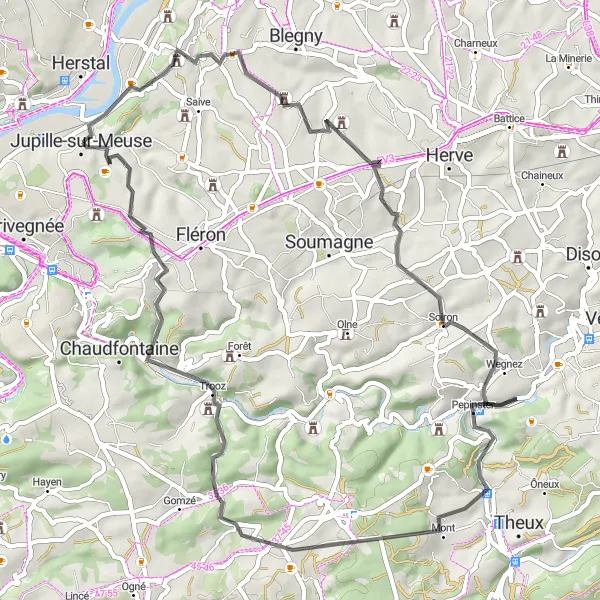 Map miniature of "Barchon and Louveigné Loop" cycling inspiration in Prov. Liège, Belgium. Generated by Tarmacs.app cycling route planner