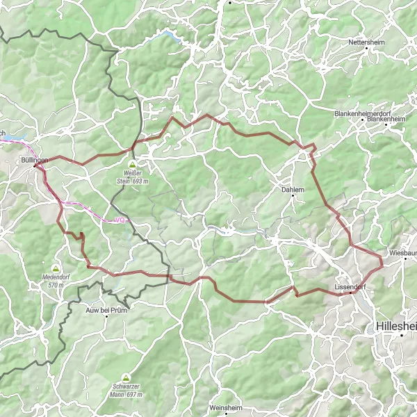 Miniatuurkaart van de fietsinspiratie "Gravelfietsen rond Büllingen" in Prov. Liège, Belgium. Gemaakt door de Tarmacs.app fietsrouteplanner