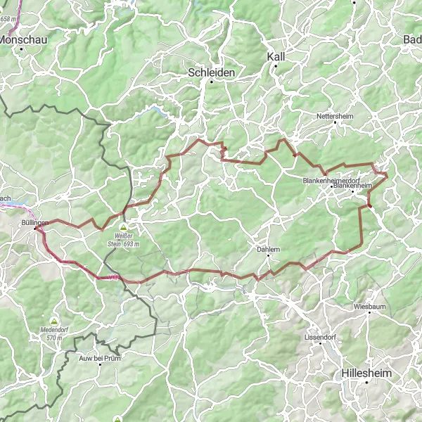 Map miniature of "Gravel Route Büllingen Extended" cycling inspiration in Prov. Liège, Belgium. Generated by Tarmacs.app cycling route planner