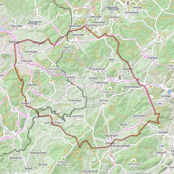 Miniature de la carte de l'inspiration cycliste "Boucle Verte au départ de Bullange" dans la Prov. Liège, Belgium. Générée par le planificateur d'itinéraire cycliste Tarmacs.app