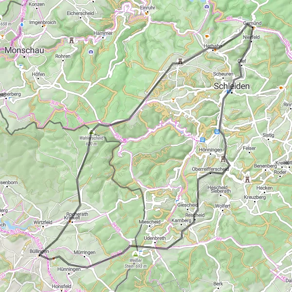 Map miniature of "Road Route Bullange" cycling inspiration in Prov. Liège, Belgium. Generated by Tarmacs.app cycling route planner