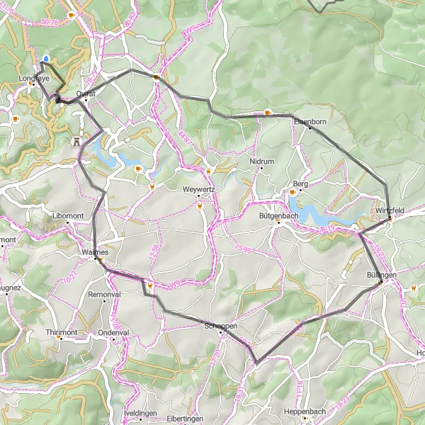 Miniature de la carte de l'inspiration cycliste "Tour de la Campine" dans la Prov. Liège, Belgium. Générée par le planificateur d'itinéraire cycliste Tarmacs.app