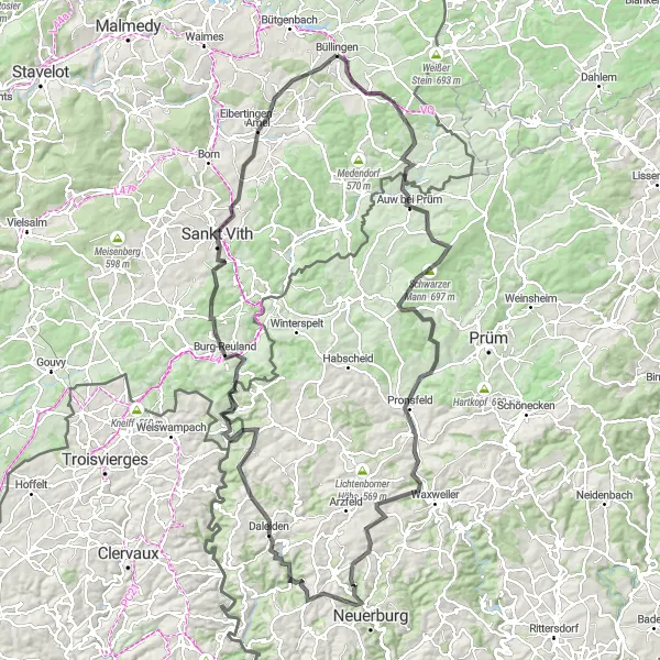 Map miniature of "The Ardennes Challenge" cycling inspiration in Prov. Liège, Belgium. Generated by Tarmacs.app cycling route planner