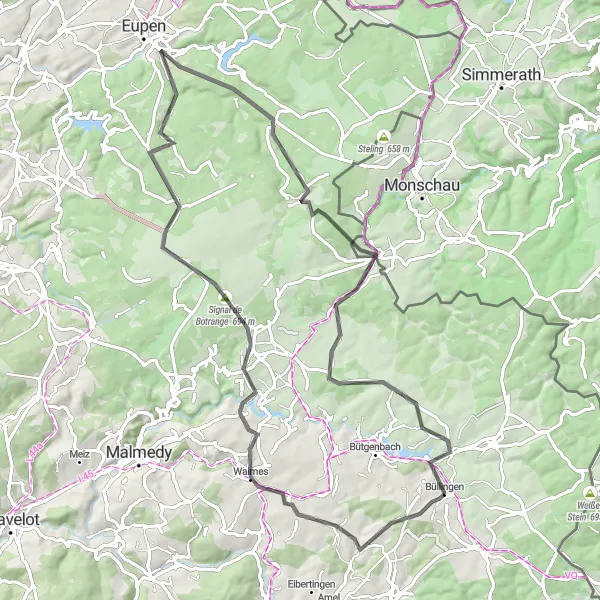 Map miniature of "The Fagnes Loop" cycling inspiration in Prov. Liège, Belgium. Generated by Tarmacs.app cycling route planner