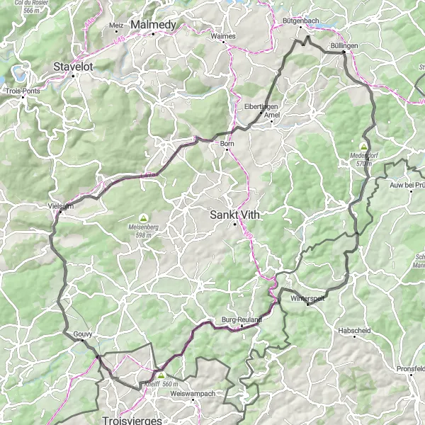 Miniature de la carte de l'inspiration cycliste "Parcours des Hautes Fagnes" dans la Prov. Liège, Belgium. Générée par le planificateur d'itinéraire cycliste Tarmacs.app