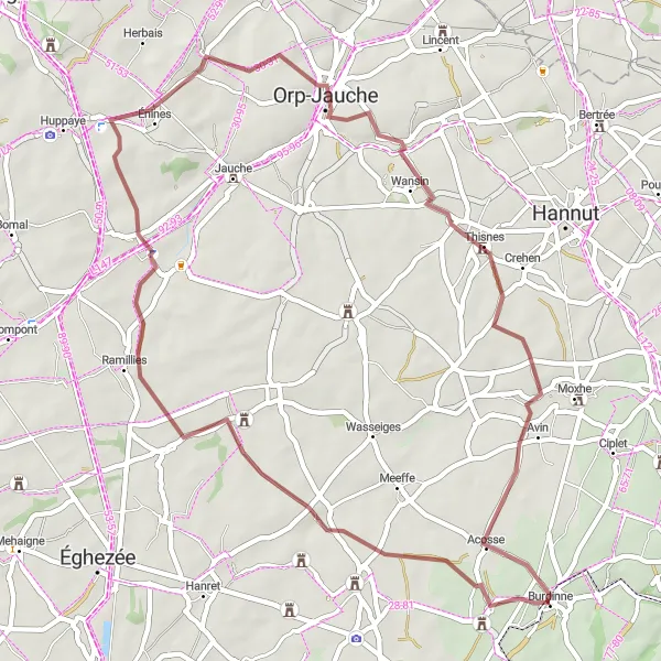 Miniature de la carte de l'inspiration cycliste "Parcours Nature de Burdinne" dans la Prov. Liège, Belgium. Générée par le planificateur d'itinéraire cycliste Tarmacs.app