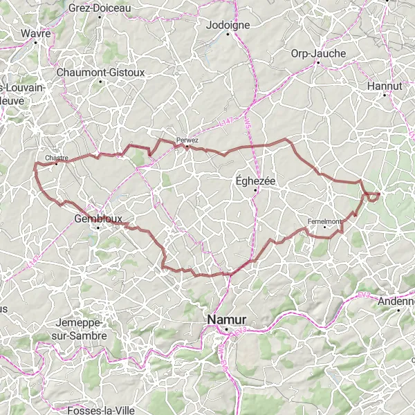 Map miniature of "Scenic Gravel Ride through Gembloux and Perbais" cycling inspiration in Prov. Liège, Belgium. Generated by Tarmacs.app cycling route planner