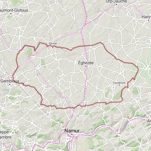 Map miniature of "The Hannêche Castle Gravel Route" cycling inspiration in Prov. Liège, Belgium. Generated by Tarmacs.app cycling route planner