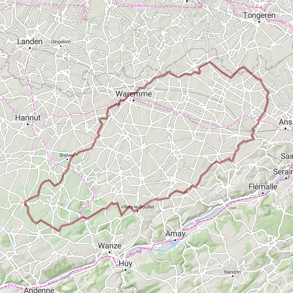 Karten-Miniaturansicht der Radinspiration "Natur und Kultur auf 90 km Schotterwegen" in Prov. Liège, Belgium. Erstellt vom Tarmacs.app-Routenplaner für Radtouren