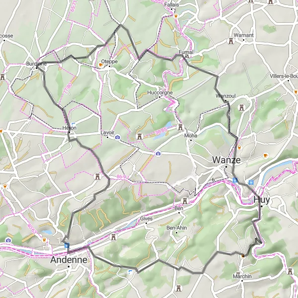 Karten-Miniaturansicht der Radinspiration "Rundfahrt in der Nähe von Burdinne" in Prov. Liège, Belgium. Erstellt vom Tarmacs.app-Routenplaner für Radtouren
