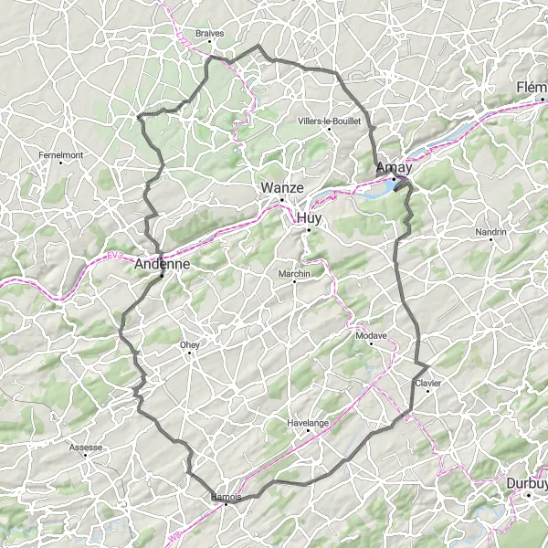 Map miniature of "Challenging Road Excursion to Andenne and Beyond" cycling inspiration in Prov. Liège, Belgium. Generated by Tarmacs.app cycling route planner