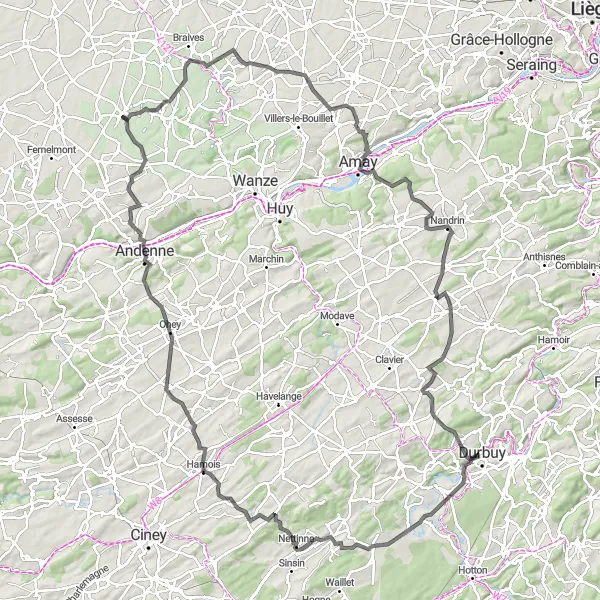 Map miniature of "Ultimate Road Challenge to Héron and Sorée" cycling inspiration in Prov. Liège, Belgium. Generated by Tarmacs.app cycling route planner