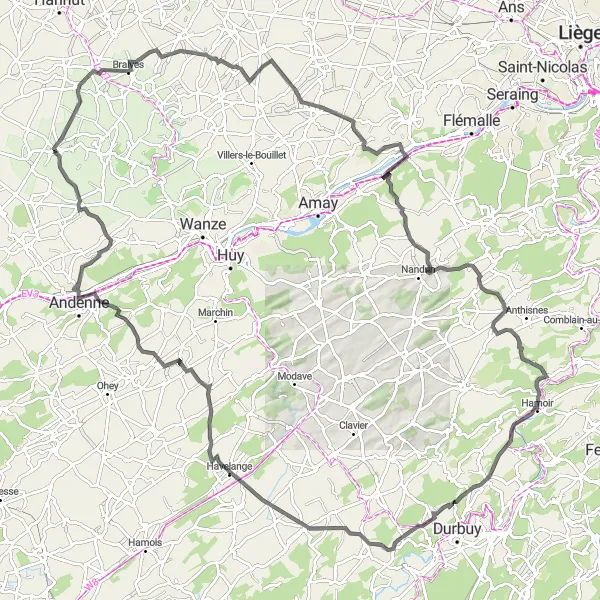 Karten-Miniaturansicht der Radinspiration "Herausfordernde Rundfahrt durch die Hügel in der Nähe von Burdinne" in Prov. Liège, Belgium. Erstellt vom Tarmacs.app-Routenplaner für Radtouren