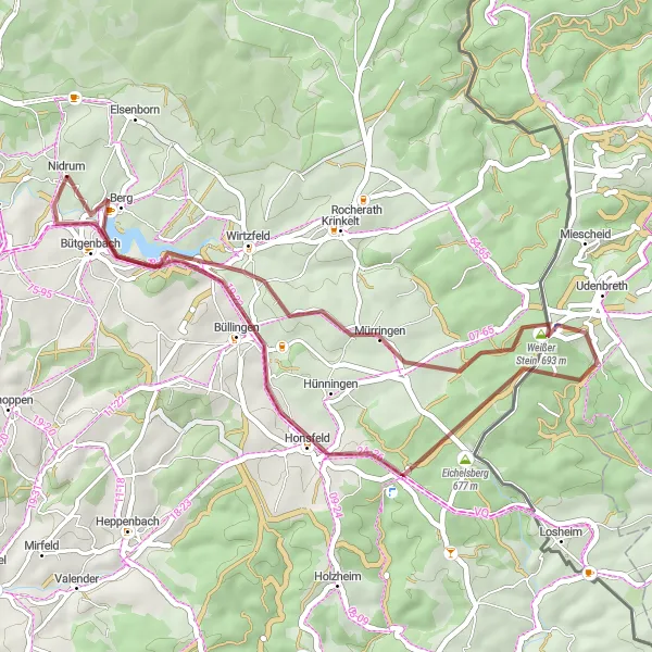 Map miniature of "Büllingen Loop - Gravel Cycling Route" cycling inspiration in Prov. Liège, Belgium. Generated by Tarmacs.app cycling route planner