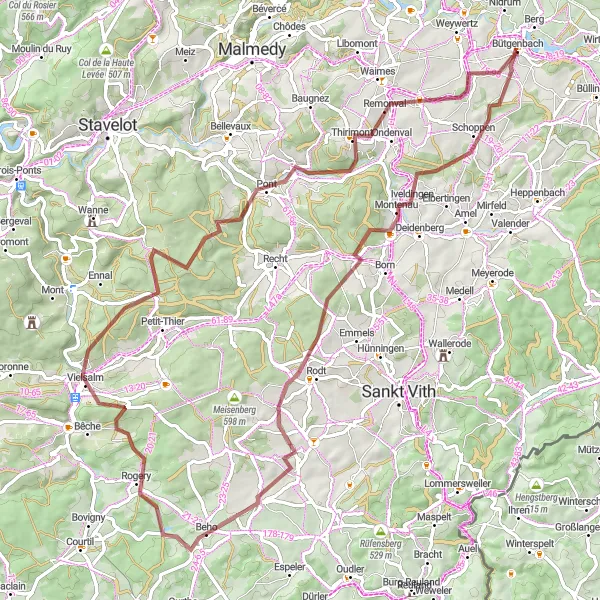 Map miniature of "Vielsalm Loop - Gravel Cycling Route" cycling inspiration in Prov. Liège, Belgium. Generated by Tarmacs.app cycling route planner