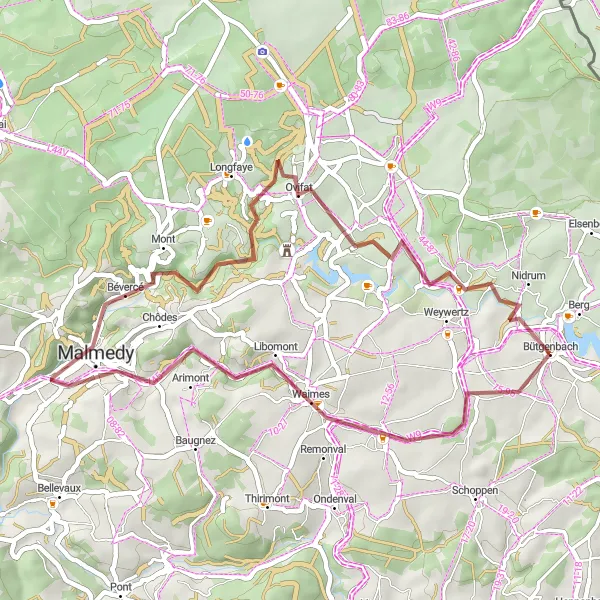 Miniature de la carte de l'inspiration cycliste "Les Lacs et Forêts de l'Est" dans la Prov. Liège, Belgium. Générée par le planificateur d'itinéraire cycliste Tarmacs.app