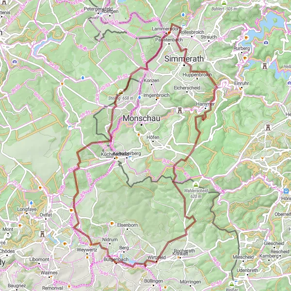 Miniature de la carte de l'inspiration cycliste "Tour de Butgenbach Gravel" dans la Prov. Liège, Belgium. Générée par le planificateur d'itinéraire cycliste Tarmacs.app