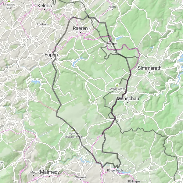 Map miniature of "Butgenbach Adventure - Road Cycling Route" cycling inspiration in Prov. Liège, Belgium. Generated by Tarmacs.app cycling route planner