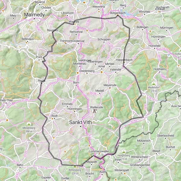 Map miniature of "Heppenbach Adventure - Road Cycling Route" cycling inspiration in Prov. Liège, Belgium. Generated by Tarmacs.app cycling route planner