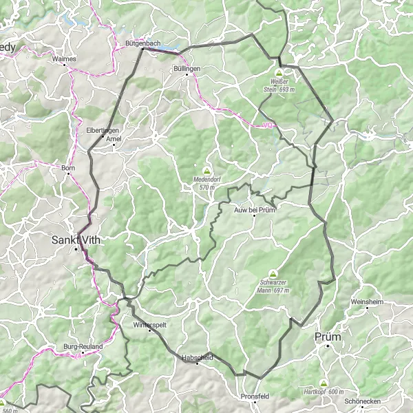 Karten-Miniaturansicht der Radinspiration "Durch die Eifel nach Sankt Vith" in Prov. Liège, Belgium. Erstellt vom Tarmacs.app-Routenplaner für Radtouren