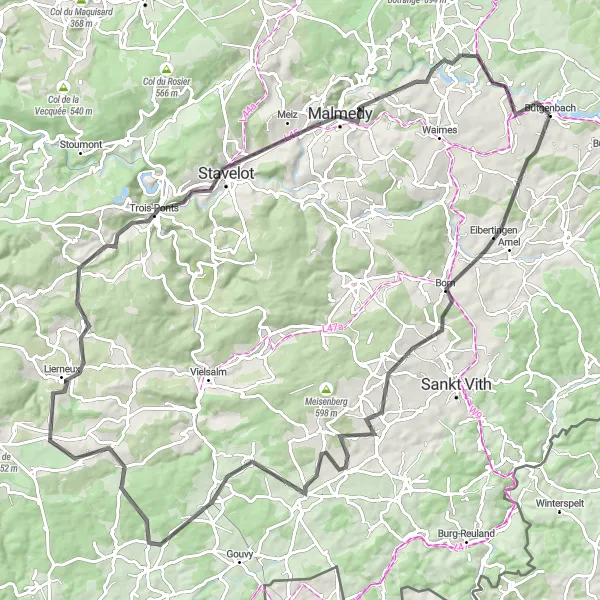 Map miniature of "Eastern Ardennes Adventure" cycling inspiration in Prov. Liège, Belgium. Generated by Tarmacs.app cycling route planner