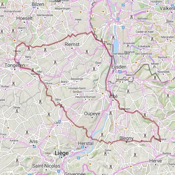 Miniature de la carte de l'inspiration cycliste "Tour des Châteaux de la Campine" dans la Prov. Liège, Belgium. Générée par le planificateur d'itinéraire cycliste Tarmacs.app