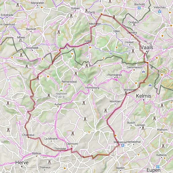 Map miniature of "Gravel Adventure: Discover Hidden Gems near Charneux" cycling inspiration in Prov. Liège, Belgium. Generated by Tarmacs.app cycling route planner