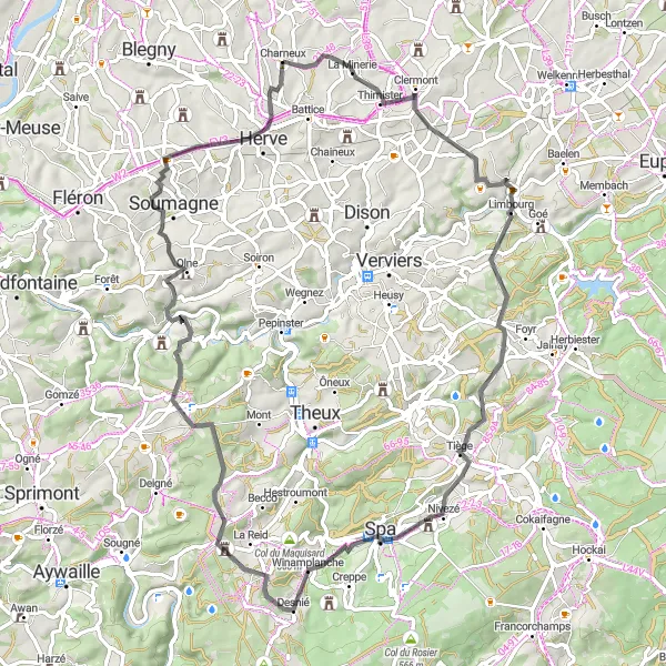 Karten-Miniaturansicht der Radinspiration "Rundtour Charneux - La Minerie - Château Poswick - Carrière Pirosson - Desnié - Nessonvaux - Terril Bas Bois - Charneux" in Prov. Liège, Belgium. Erstellt vom Tarmacs.app-Routenplaner für Radtouren