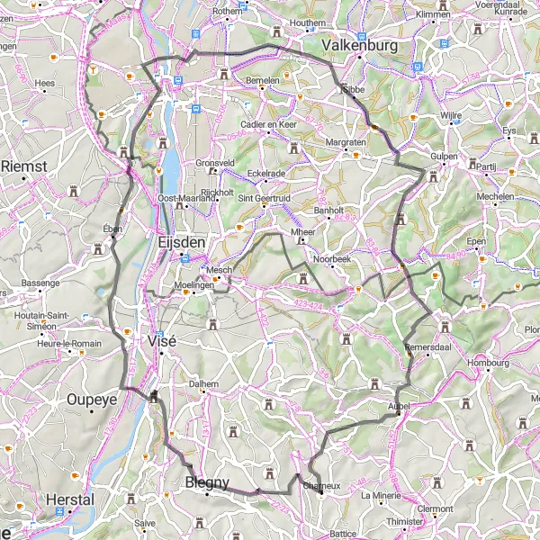 Map miniature of "The Road Challenging Tour" cycling inspiration in Prov. Liège, Belgium. Generated by Tarmacs.app cycling route planner