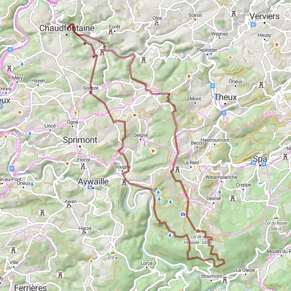 Miniature de la carte de l'inspiration cycliste "Exploration des collines de Chaudfontaine" dans la Prov. Liège, Belgium. Générée par le planificateur d'itinéraire cycliste Tarmacs.app