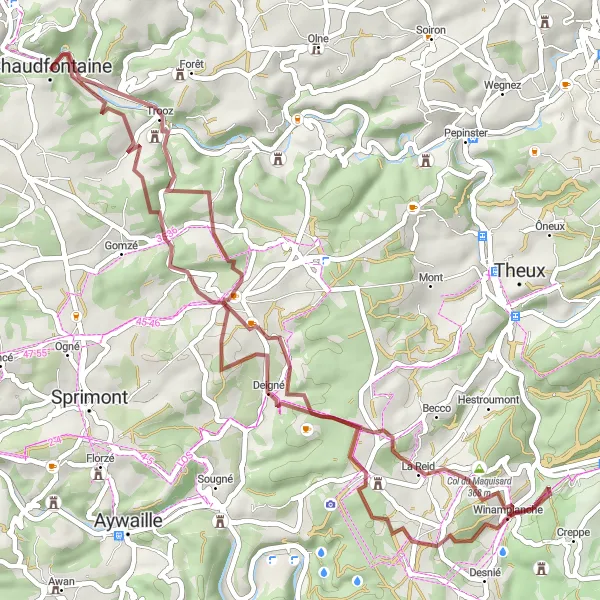 Karten-Miniaturansicht der Radinspiration "Gravel-Abenteuer durch Stinval und Trooz" in Prov. Liège, Belgium. Erstellt vom Tarmacs.app-Routenplaner für Radtouren