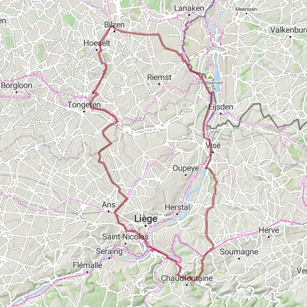 Miniature de la carte de l'inspiration cycliste "Panoramas et châteaux cachés" dans la Prov. Liège, Belgium. Générée par le planificateur d'itinéraire cycliste Tarmacs.app